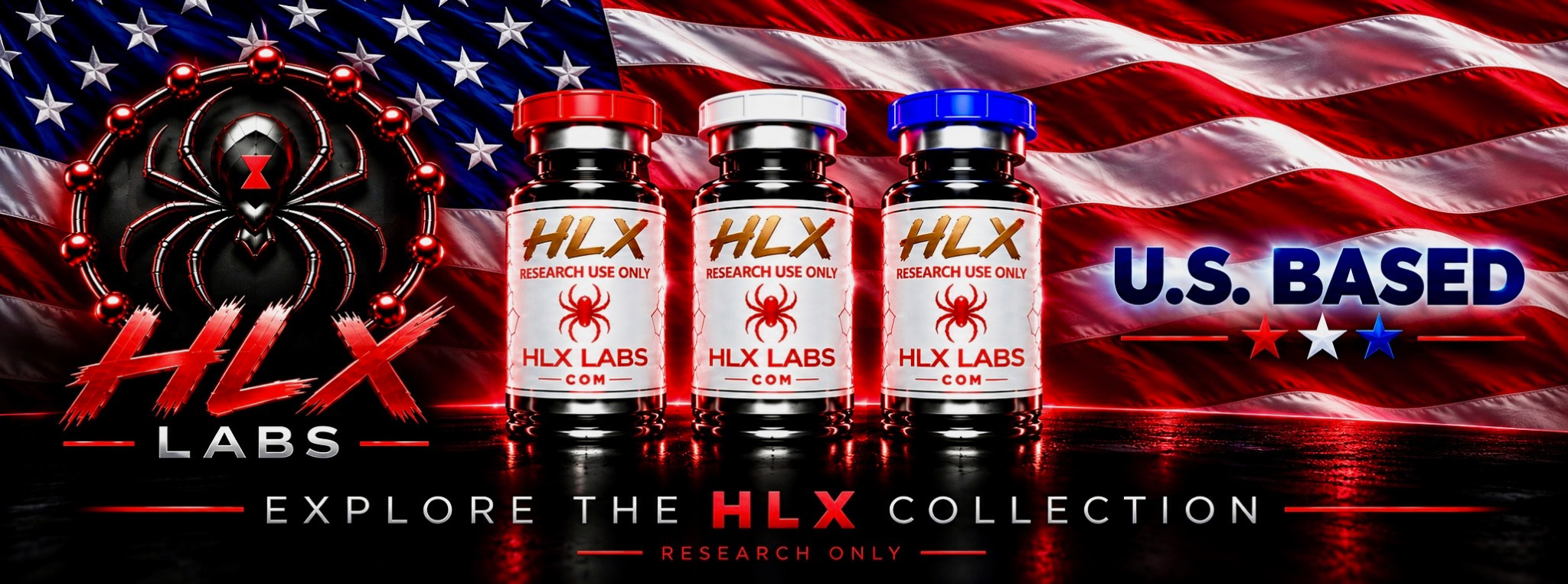 HLX Labs U.S. based research collection with red, white, and blue capped research vials